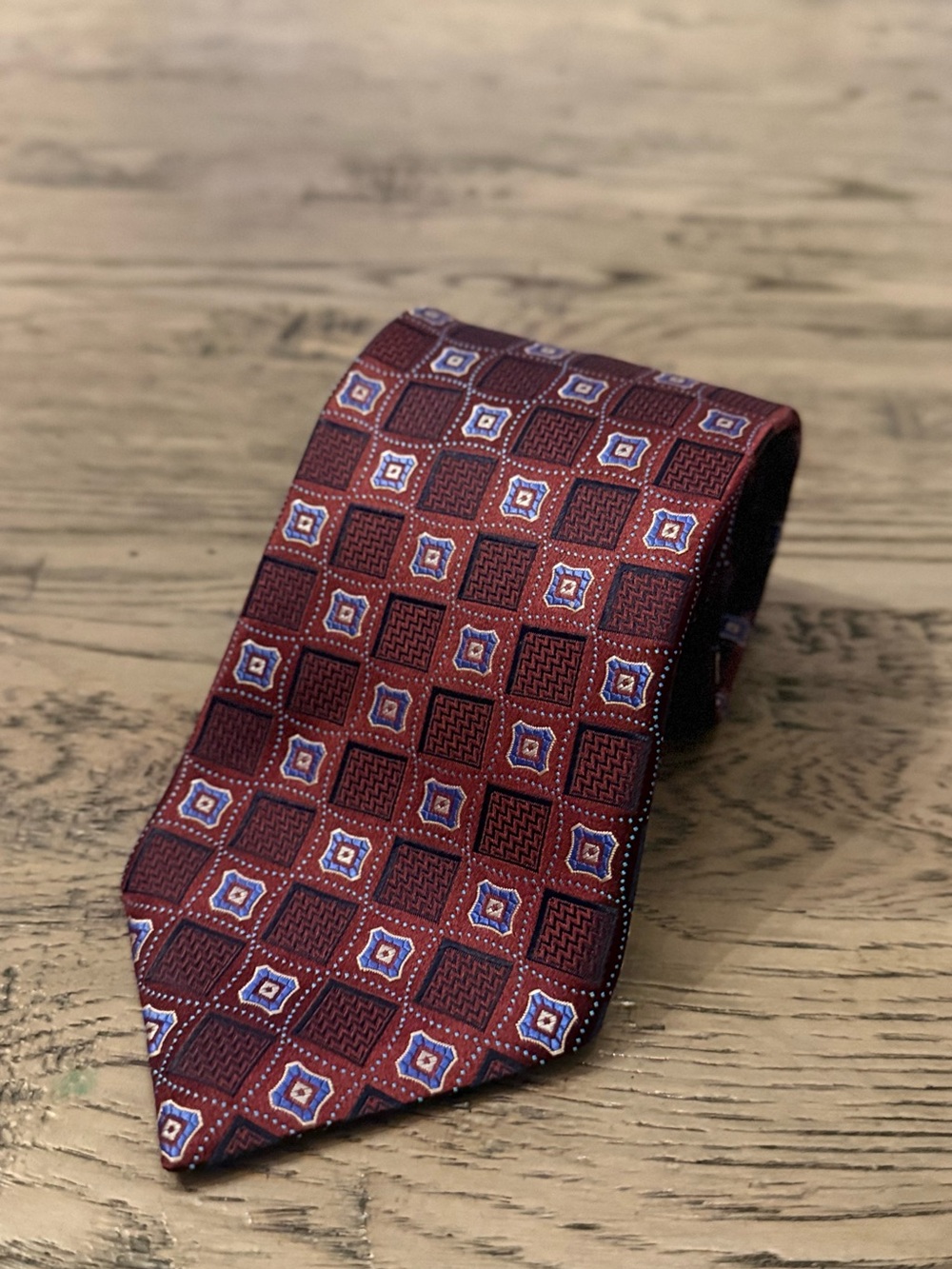 Ermenegildo Zegna Burgundy and Blue Geometric Silk Tie